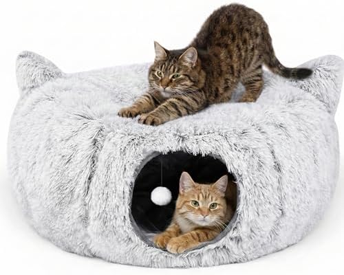 3-in-1 Cat Tunnel Bed – Cat Tunnels & Cat Beds for Indoor Cats with Catnip Toys – Cat Bed Cave & Peekaboo Cat Hideaway – Foldable Interactive Cat, Kitty & Kitten Toys