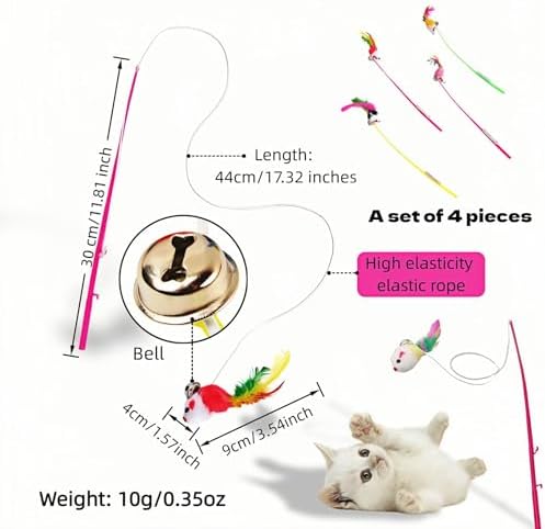 4-Pack Cat Wand Toys with Bells – Interactive Feather Teaser Wands for Indoor Cats & Kittens, Colorful Plush Mouse Lure, 11.8 Inch Fishing Pole Design for Exercise, Hunting & Boredom Relief