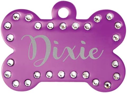 Signature Custom Laser Engraved Anodized Aluminum Pet ID Tags (Black, Swarovski Crystal Bone 1 1/2" x 1")