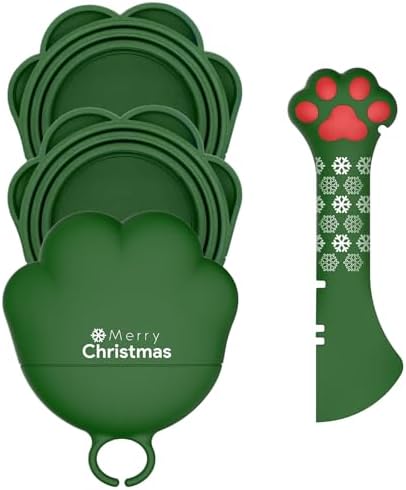 Christmas Pet Set - 3 Cat Food Can Lids & 1 BPA-Free Opener | Cute Paw Shape Can Covers and Opener Spatula Spoon for Wet Food | Silicone Spoon & Covers for Dog Cat - Paw Green