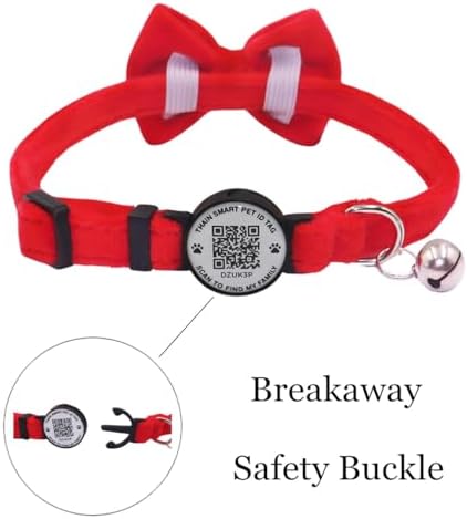 THAIN Personalized Cat Collar with Bell and Bowtie Breakaway QR Code Name Smart ID tag Quick Release Soft Comfortable Collar for Cats and Kittens (Red)