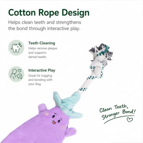 Green Sheep Interactive Plush Dog Toy, No Stuffing Squeaky Toy with Recycled Cotton Rope for Medium to Large Dogs, Chew Toy, Aubergine