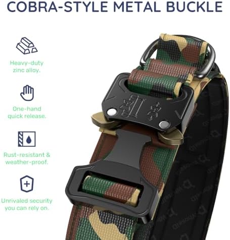 Premium Tactical Dog Collar - Adjustable Military Heavy Duty Dog Collar for Medium Large Dogs - Durable Metal Buckle Dog Collar with Leather Control Handle and Soft Comfortable Padding