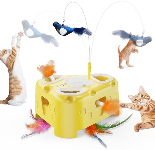 Automatic Cheese-Shaped Interactive Cat Toy – Flying Bird, 6-Hole Mole & Rotating Feather | USB Rechargeable Electronic Feather Toy for Indoor Adult Cats & Kittens, Relieves Boredom