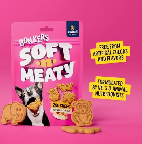 Bonkers Soft & Meaty Chicken Flavor Biscuit Zoo Animal Shaped Treats for Dogs 5.6 oz Bag (Pack of 2) with Bone Waste Bag Dispenser & Free Roll