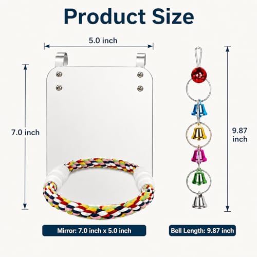 7" Bird Mirror with Rope Perch Bird Toys Swing, Comfy Perch for Greys Amazons Parakeet Cockatiel Conure Lovebirds Finch Canaries