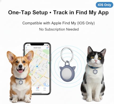 Smart Pet Location Tag with Holder – No Subscription, Compatible with Apple Find My (iOS Only), Lightweight Silicone Case, Clip-On Anti-Loss Accessory for Dog & Cat Collars, Bags (Grey)