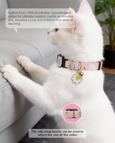 Cute Floral Breakaway Cat Collar with QR Code ID Tag, Soft Cotton Adjustable Kitten Collar with Bell, Personalized Scan ID for Cats, Daisy Pattern,Flower Pendant (Pink)