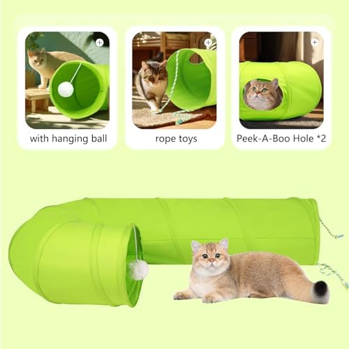 Cat Tunnel, 2-Way Collapsible Cat Tube with Interactive Peek-A-Boo Hole, Toy Ball, and Rope – Ideal for Indoor Cats, Kittens, and Rabbits (Green)