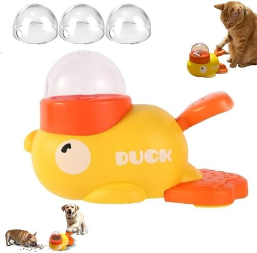 Duck Cat Treat Dispenser, Interactive Button-Operated Slow Feeder with 3 Grain Bin Covers, Puzzle Toy for IQ Training & Mental Stimulation (Yellow)
