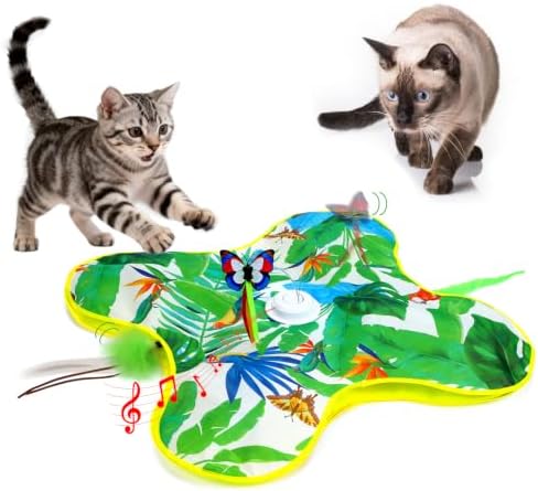 Interactive Cat Toys, Dual-Motor with Butterfly, Hidden Feathers & Plush Reed, 3 Animal Sounds, 3 Hunt Modes, Touch Activated, Rechargeable Hide & Seek Cat Toys for Bored Indoor Adult Cats & Kitten