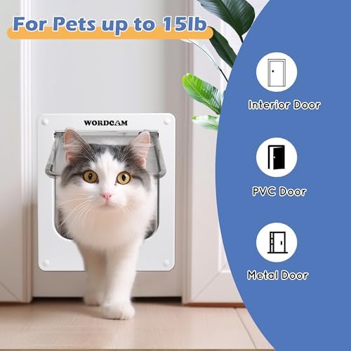 Wordcam Cat Door for Interior/Exterior, for Pets Waist≤5.9", Medium, White