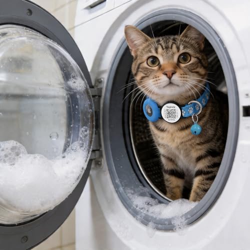 QR Code & AirTag Reflective Breakaway Cat Collar with Bell – Smart Scan Pet ID Tag & Apple AirTag Holder, 0.4" Width Lightweight Safety Kitten Collar for Girl Boy Cats (Reflective Strip-Blue)