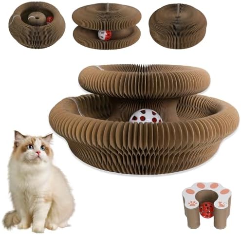 Cat Scratcher Board Foldable with Bell Ball, Interactive Mental Physical Exercise for Indoor Cats Toy, 3-in-1 Magic Organ Cat Toy Protects Furniture, Corrugated Cardboard Scratching Pad