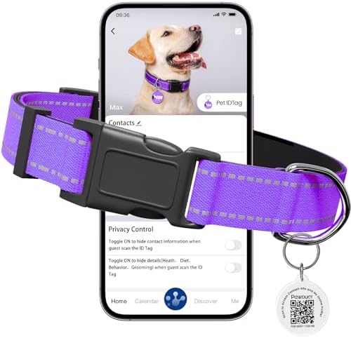 Personalized Collar with Smart ID Tag, Large, Purple | Reflective Dog Collar with Smart ID Tag, Heavy Duty Custom Dog Collar for Large Breeds