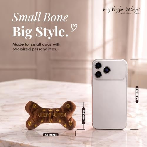 Dog Diggin Designs Chewy Vuiton Plush Dog Toy Bone | Luxury-Inspired Parody Designer Bone with Squeaker, Soft Plush Chew & Play Dog Toy – Prêt-à-Porter Play!