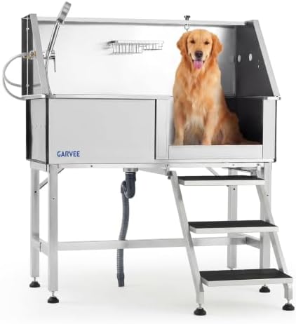 Professional Stainless Steel Dog Washing Station 46 Inch – Heavy Duty Pet Grooming Bathtub – Brushed Finish – Access Stairs – Ideal for Home or Salon – Right Opening Door