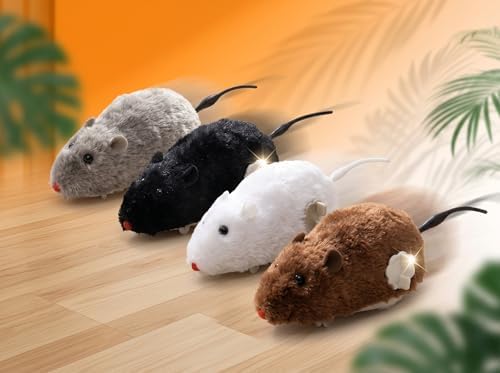 4 Pcs Wind Up Cat Toy Mouse - Self-Moving Furry Mice with Realistic Tails, Interactive Chase Toys for Indoor Cats & Kittens, Exercise Mice for Boredom Busting