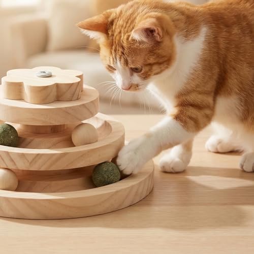 Interactive Wooden Cat Toy with Catnip Balls & Spring Feather Wand, 3-Tier Pine Wood Track Ball Tower for Indoor Cats, Kitten Mental Stimulation & Exercise Play Set