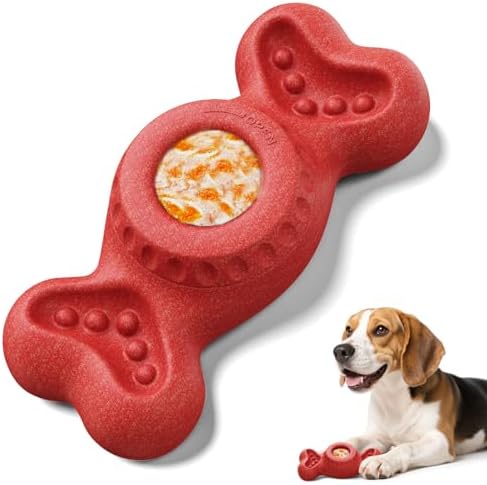 3-in-1 Enrichment Dog Toy for Aggressive Chewers, Frozen Treat Toy & Interactive Treat Dispenser with Peanut Butter Grooves, Long Lasting Chew Toy for Large Dogs, Easy to Clean, Red
