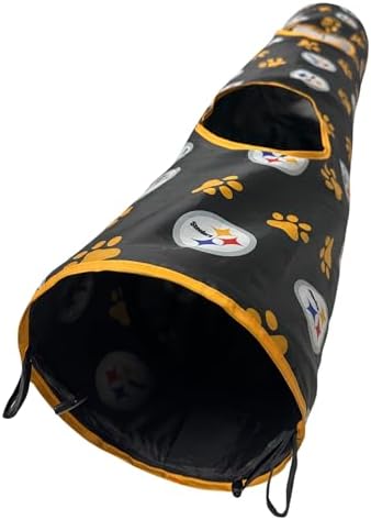 NFL Pittsburgh Steelers Cat Tunnel Tube Toy with Plush Football Catnip and Feathers Collapsible Tunnel for Cats to Play, Peek and Hide, Sporty & Fun Cat Tunnel Toy with Team Logo All-Over Design!