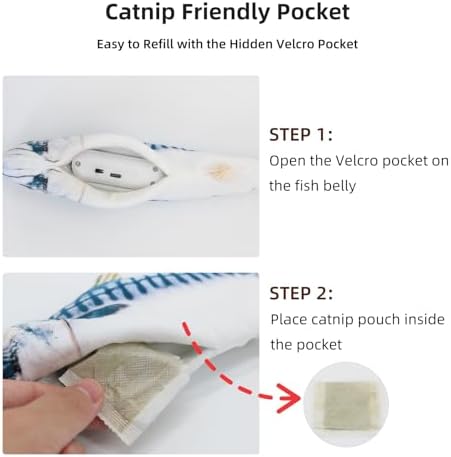 Flopping Fish Cat Toy, Interactive Moving Plush Cat Kicker Toy with Catnip Pocket, USB Rechargeable Automatic Wiggle Mackerel Toy for Indoor Kitten & Small Dogs, Single Mackerel（11.02Inch）