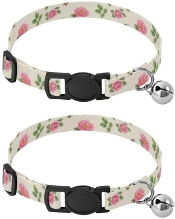2 Pack Cat Collars Roses Green Leaf Bees Puppy Collar with Bell, Adjustable Length 10.6" to 17.1"