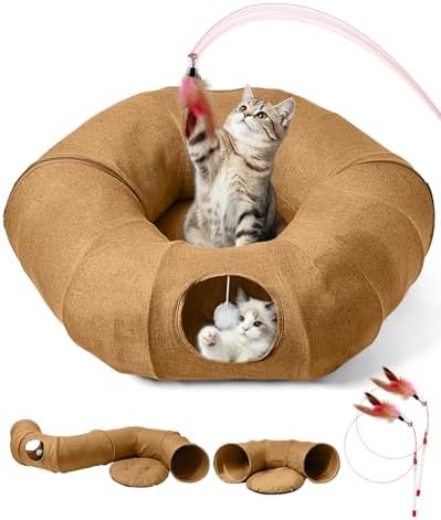 Linen Cat Tunnels with Central Cat Bed, Interactive Cat Toys Detachable Washable Soft Mat Large Indoor Play Tunnel Cave for Kittens and Small Animals