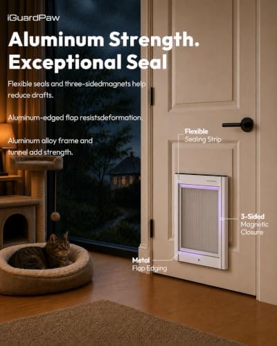 Cat Door with Collar Sensor, Automatic Cat Door, with Curfew, XS | Collar-sensor access, cat door, three control modes, curfew entry, aluminum build, white, XS sizing