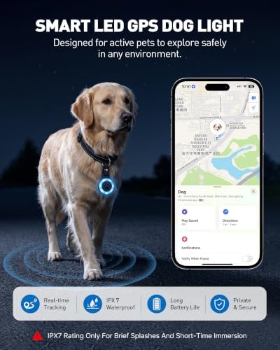 Pet Tracker for Dogs Cats, Location & LED Night Light Tag, No Monthly Fee | Compatible with iPhone, Compatible iOS, IPX7 Waterproof Collar Tag, 360-Day Battery, Paw Print Design, Lightweight 25g
