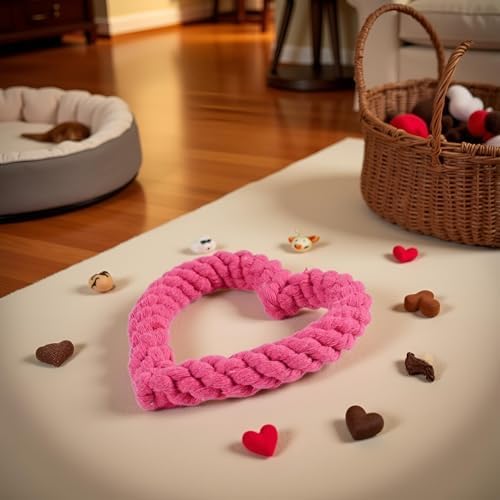Dark Pink Cute Dog/Cat Chew Toys, Dog Toys for Chewers, Heavy Duty Dental Dog Rope Toy for Dogs, Creative Love Heart Shaped Interactive Rope Dog Toys, Cotton Puppy Teething Chew Tug Pet Supplies