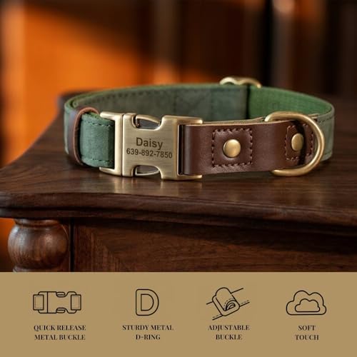 Personalized PU Leather Dog Collars,Quick Release Buckle,Green,L