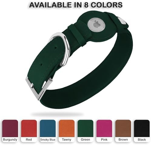 Leather Dog Collar with Airtag Holder - Apple Air Tag Dog Collars - Soft Tracking GPS Pet Collar for Small Medium Large Dogs Breed Puppy (Green, M, 12"-15" Neck Fit)