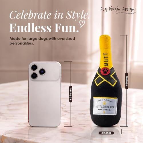 Dog Diggin Designs Mutt & Chandog Champagne Plush Dog Toy – Large | Luxury-Inspired Parody Champagne Bottle Dog Toy with Squeaker, Soft Plush Novelty Dog Toy – Shaken, Not Stirred!