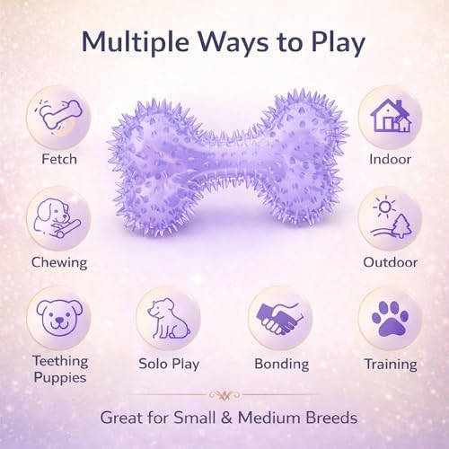 Squeaky Spiky Dog Bone Toy for Teeth Cleaning & Gum Massage 4.4 Inch Small Medium Dogs Purple | Spiny TPR Rubber Chew Toy for Fetch Play Interactive Bouncy Dental Bone Durable BPA Free Nontoxic Floats