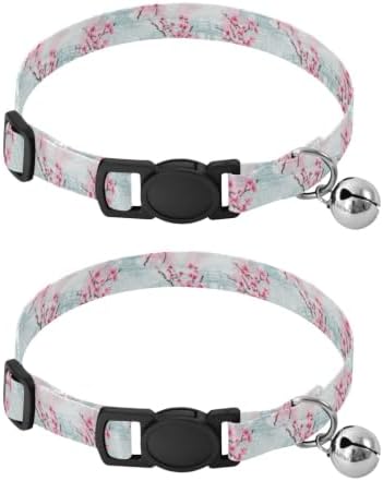 Cherry Blossom Flowers Dog Collar with Bell 2 Pack Small Dog Collar Adjustable Length 10.6" to 17.1"