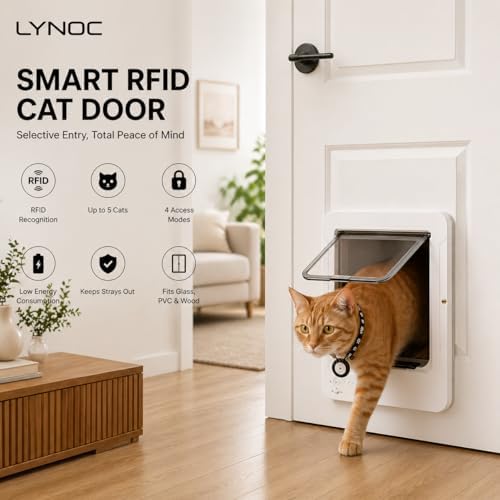 Electronic Cat Door with Selective Access, 4-Way Locking Pet Flap with Collar Key Recognition, Prevents Unwanted Pets from Entering, Includes 2 Collar Keys & Remote Control (Black)