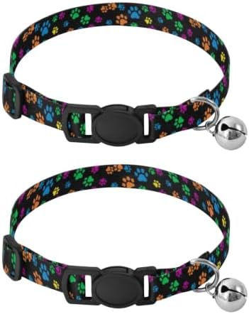 2 Pack Pet Collars Colorful Dog Paw Prints Breakaway Cat Collars with Bell, Adjustable 10.6 to 17.1 Inches