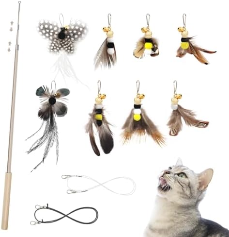 SONGWAY Cat Teaser Wand Toy - 9 Piece Retractable Set, Insect Worm Replacement Teaser with Bell, Interactive Cat Toy for Indoor Kittens