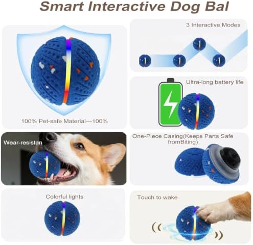 Smart Interactive Dog Toy,Smart Moving Bouncing Dogs Ball with RGB Lights, Automatic Moving, Bouncing, and Rotating,E-TPU Durable & Waterproof,for Small Medium Dogs Keep Them Busy
