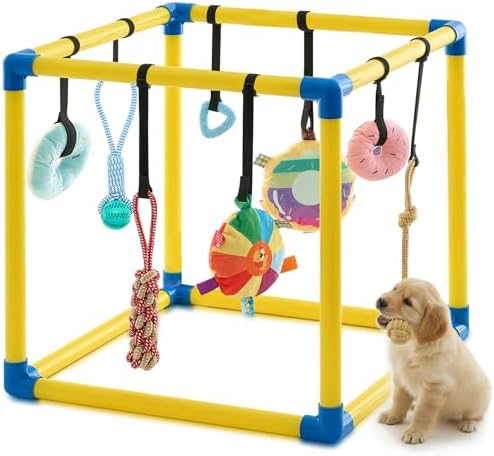 Soulchen Puppy Play Gym with 8 Hanging Toys, Small Dogs Enrichment Interactive Toys 16.5 Inch Pets Indoor Jungle Gym PVC Frame with Bungee Straps Enrichment Activity Center