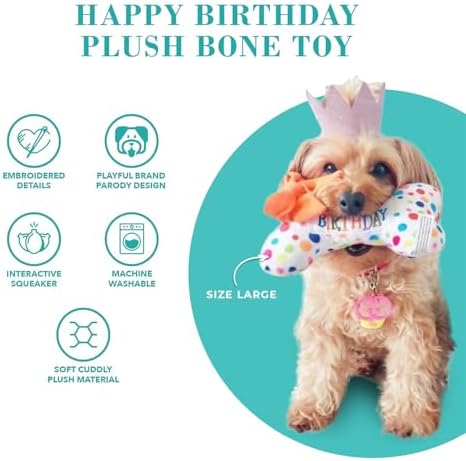 Haute Diggity Dog Happy Birthday Bone Plush Dog Toy, Funny Stuffed Dog Toy