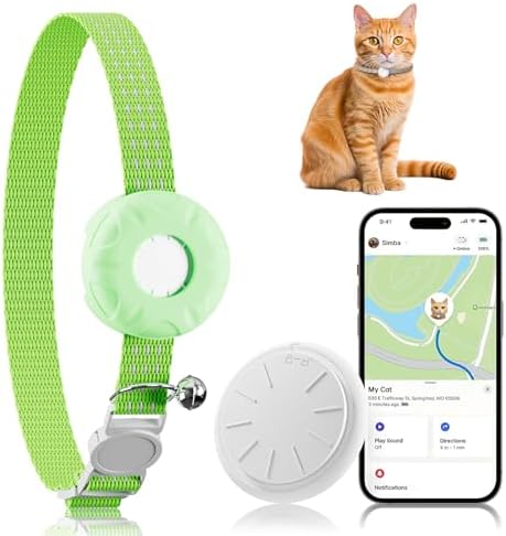 Cat Tracker, GPS Tracker Compatible with Apple Find My App(Only iOS), Waterproof Cat Tracker Collar with Bell and Safety Elastic Buckle, No Monthly Fee Pet Trackers, Works with Any Collar,Green