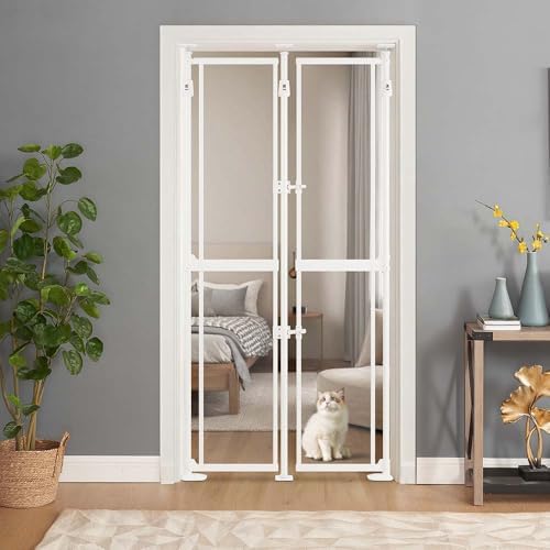 unipaws 75" High Transparent Clear Cat Safety Gate, No Drilling | Fit for 35"-38" Wide and 75"-98" Height Opening, Auto Closing, Stable 3 Support Pillars, Extra Tall for Doorway, Stairs