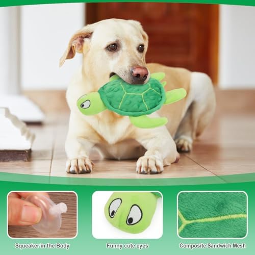 Squeaky Sea Turtle Plush Dog Toy - Durable, No Stuffing (Green)