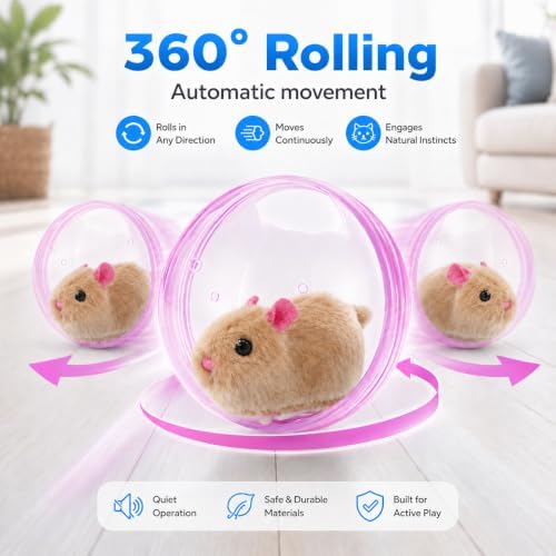 Self Rolling Interactive Cat Ball, Automatic Moving Cat Toy with Plush Animal Inside, 360° Rolling Cat Chasing Ball with Transparent Ball for Cats Dogs Small Pets (Pink,Brown Mouse)
