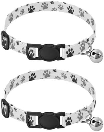 Black Gray Dog Paw Prints White Cat Bell Collar 2 Pack Kitten Collar Adjustable Length 10.6" to 17.1"