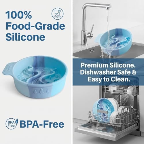 Silicone Slow Feeder Dog Bowl, Ombre Puzzle Maze with 4 Suction Cups, Flexible Travel Bowl for Fast Eaters (Blue)