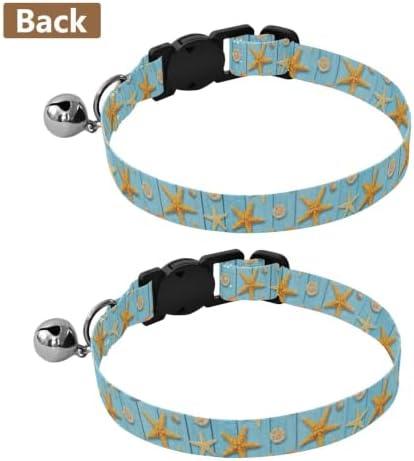 Starfish Seashells Blue Wooden Puppy Collar with Bell 2 Pack Kitten Collar Adjustable Length 10.6" to 17.1"