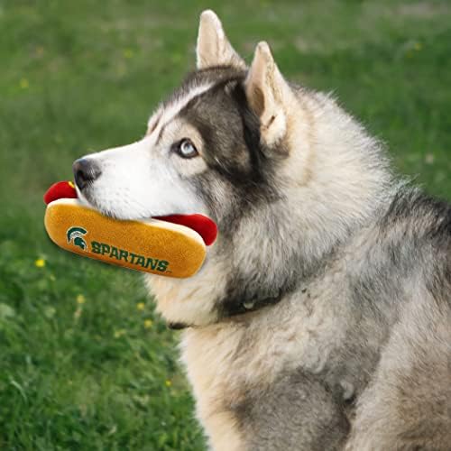 NCAA Michigan State Spartans HOT Dog Plush Dog & CAT Squeak Toy- Cutest HOT-Dog Snack Plush Toy for Dogs & Cats with Inner Squeaker & Beautiful Football/Basketball Team Name/Logo